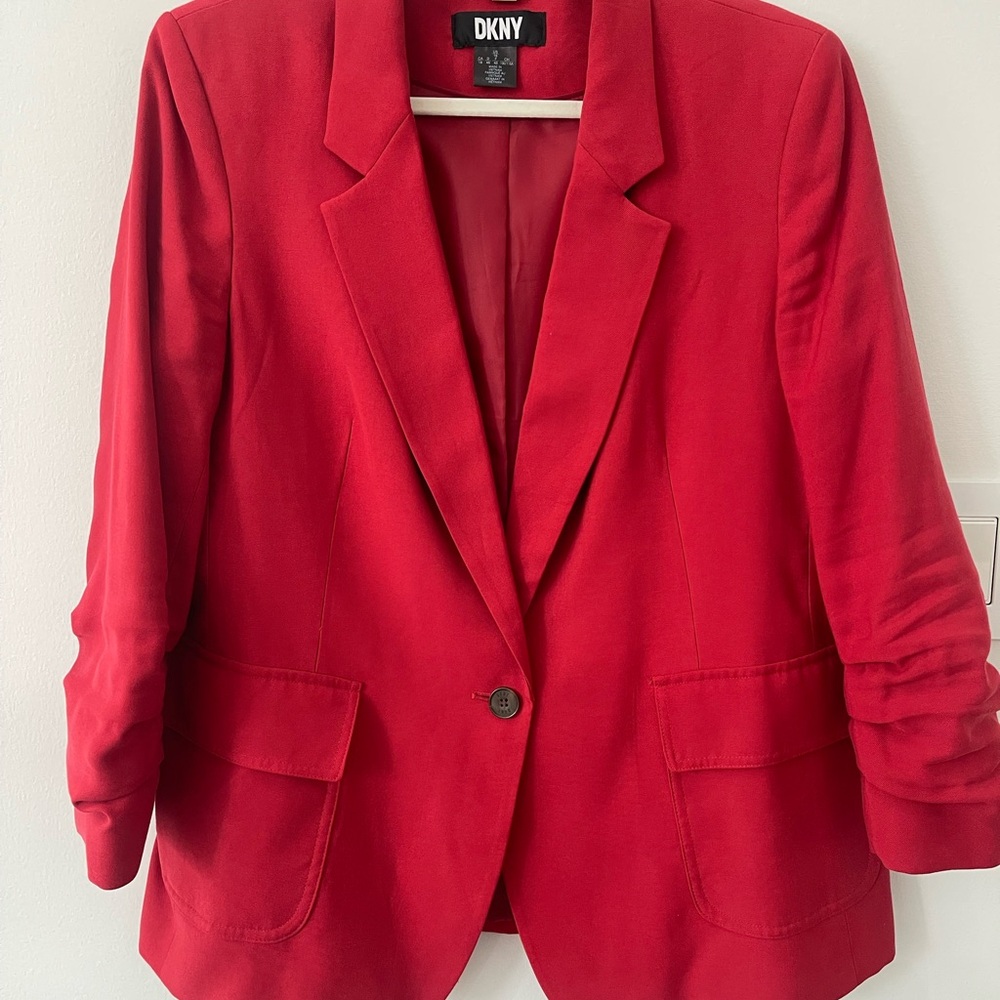 DKNY Women's Red Rutched One Button Blazer Jacket